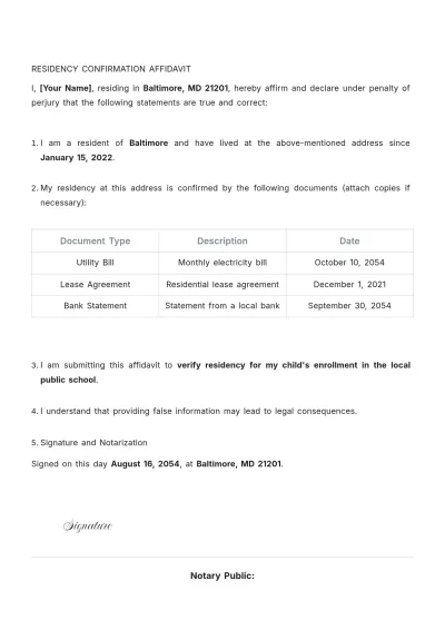 Free Residency Confirmation Affidavit Template to Edit Online