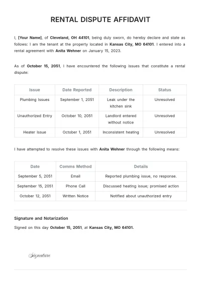Free Rental Dispute Affidavit Template to Edit Online
