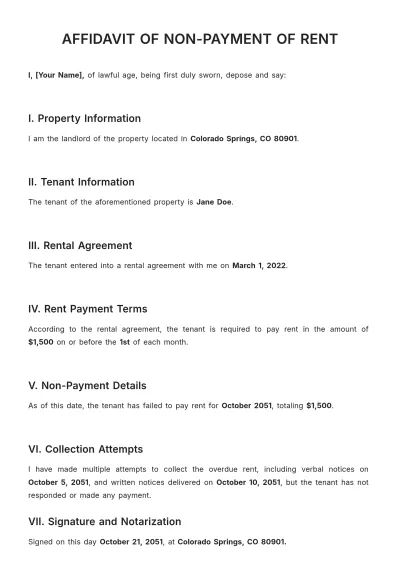 Free Affidavit of Non-Payment of Rent Template to Edit Online