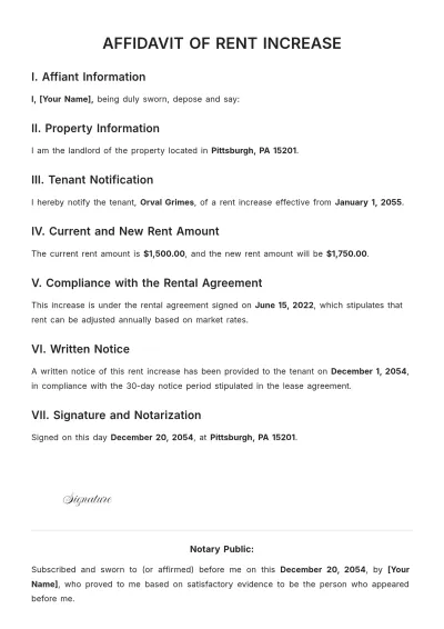 Free Affidavit of Rent Increase Template to Edit Online