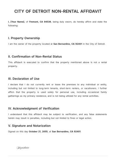 Free City of Detroit Non-Rental Affidavit Template to Edit Online