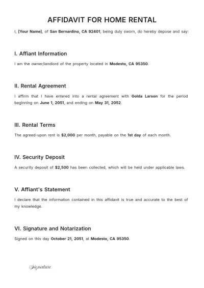 Free Affidavit for Home Rental Template to Edit Online