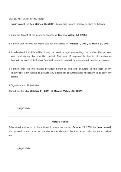 Free Simple Affidavit of No Rent Template to Edit Online