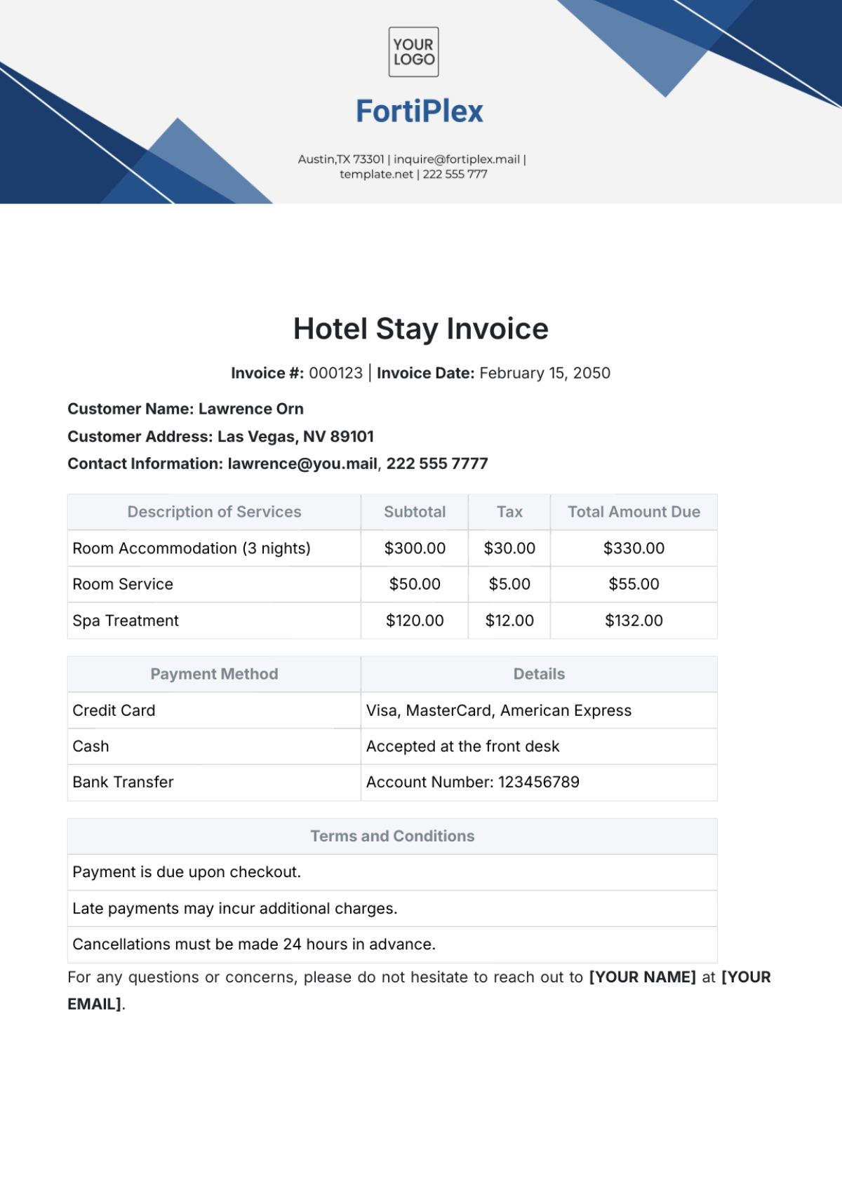 Hotel Stay Invoice Template - Edit Online & Download