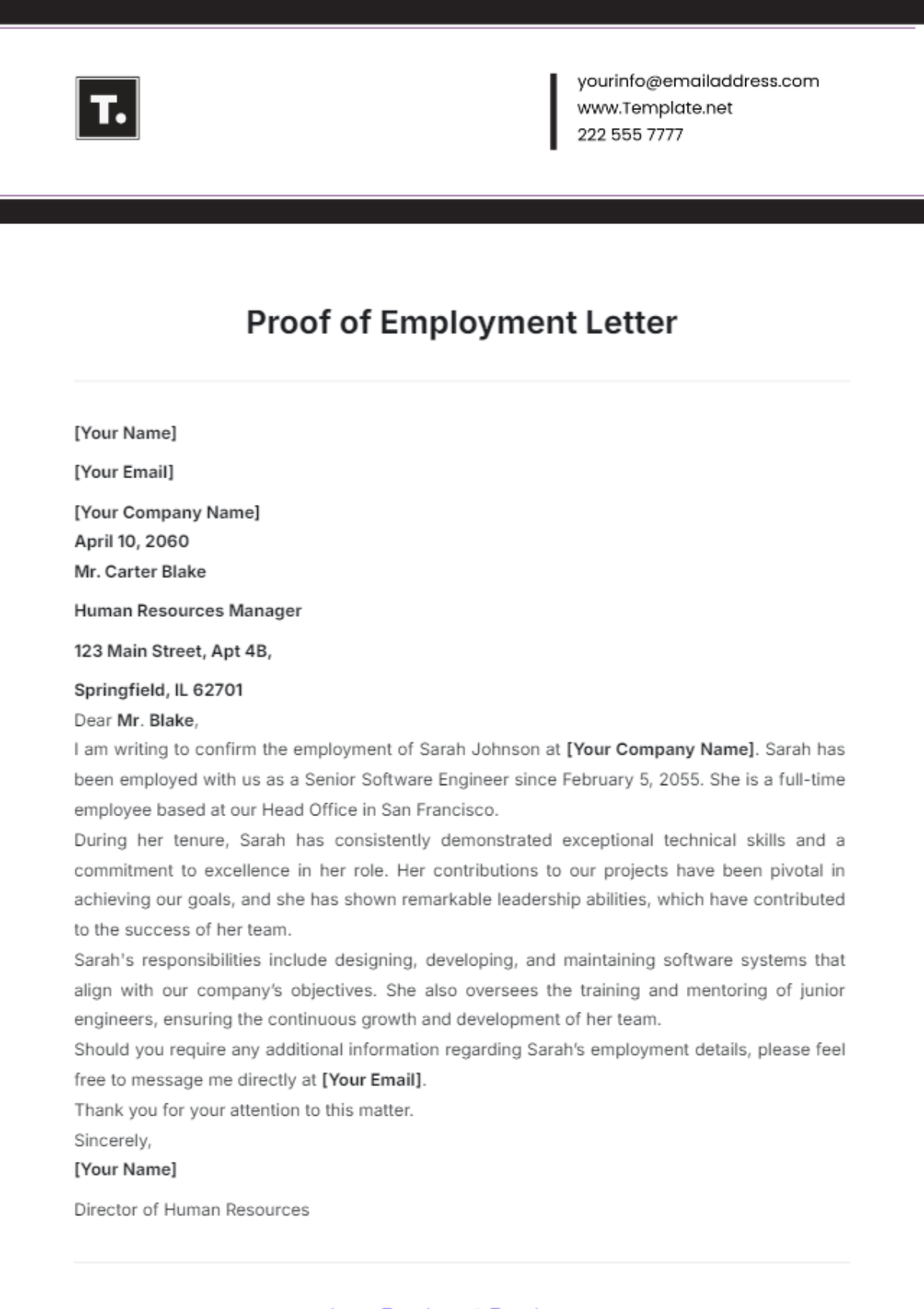 Proof of Employment Letter Template - Edit Online & Download