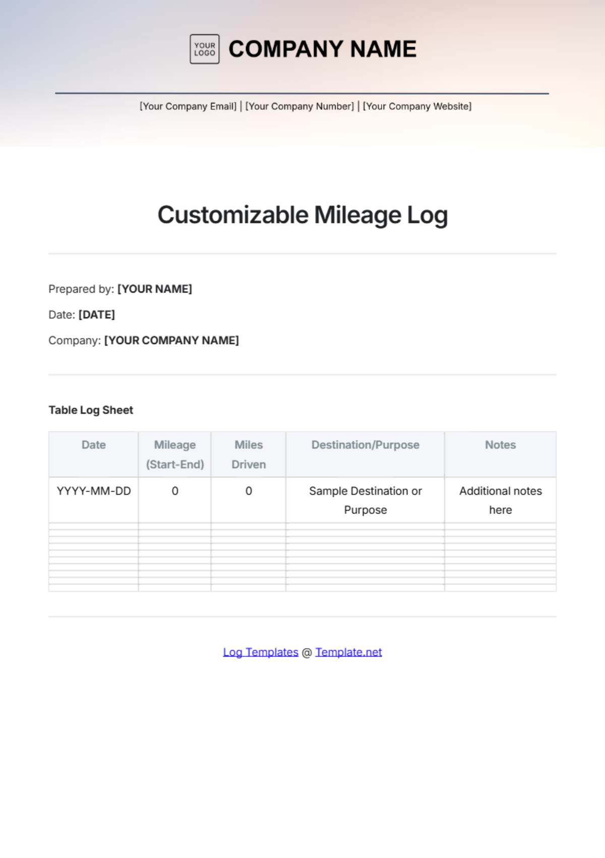 Customizable Mileage Log Template - Edit Online & Download