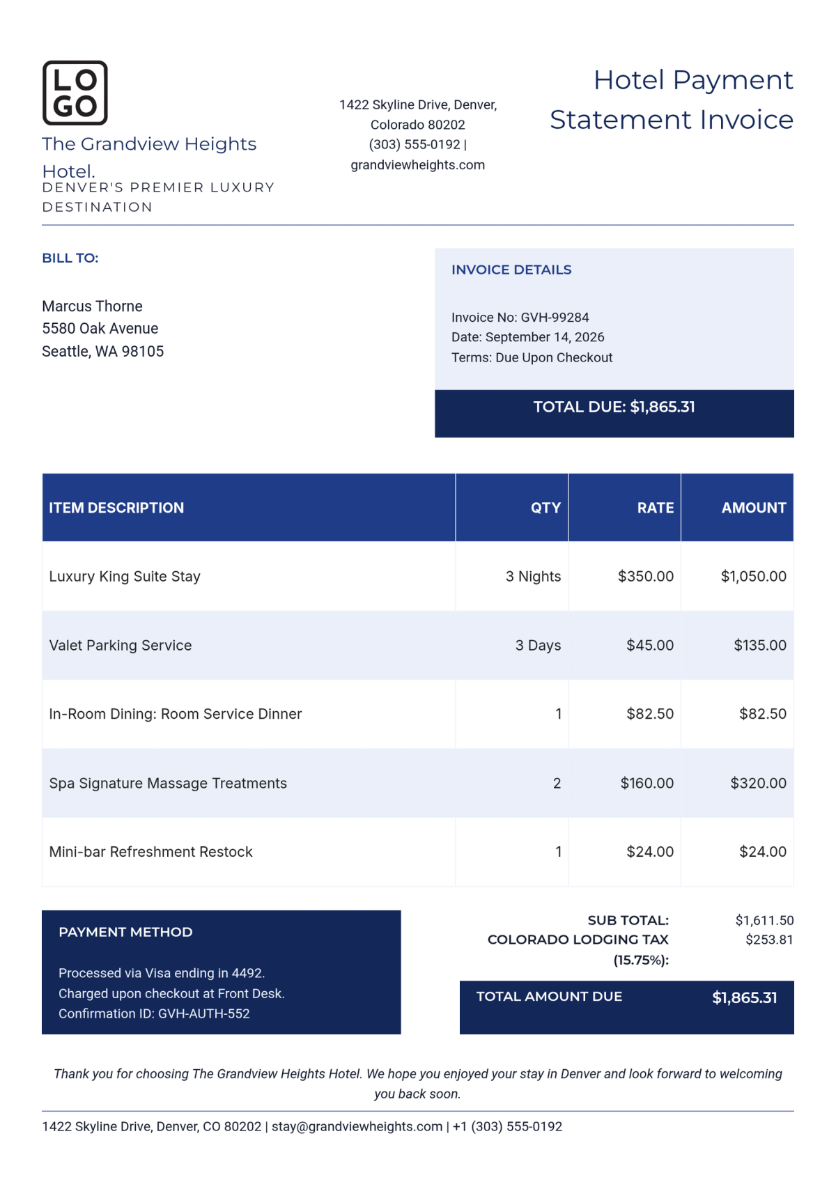 Free Hotel Invoice Templates Editable And Printable