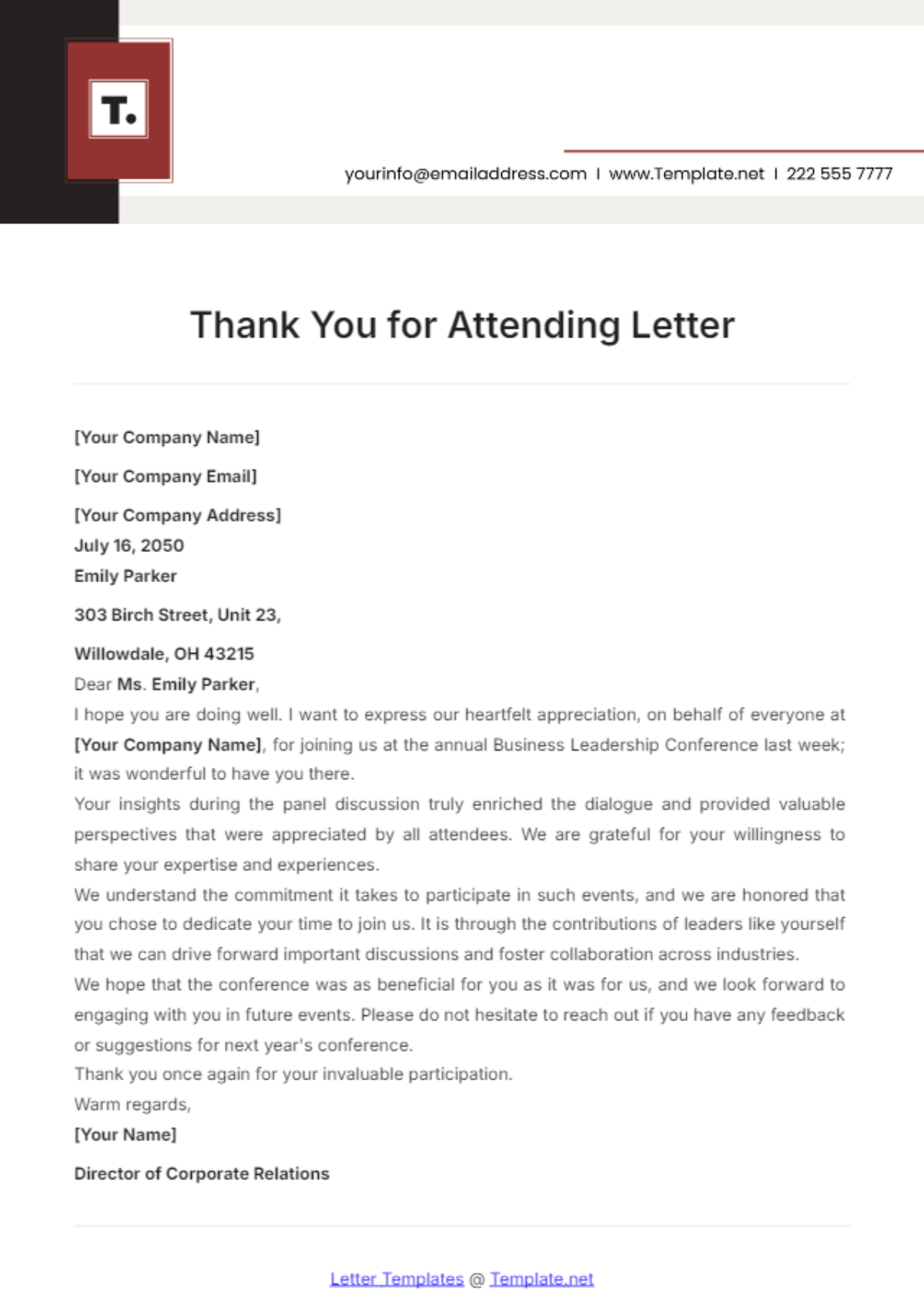 Thank You for Attending Letter Template - Edit Online & Download