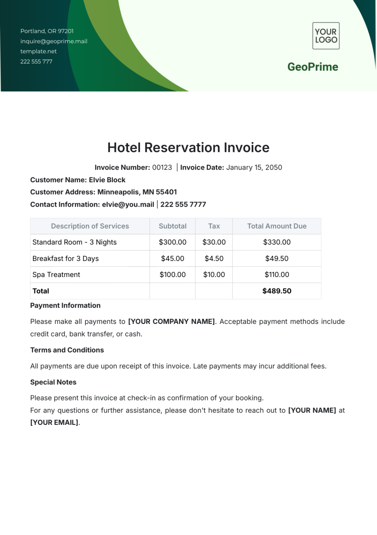 Hotel Reservation Invoice Template - Edit Online & Download