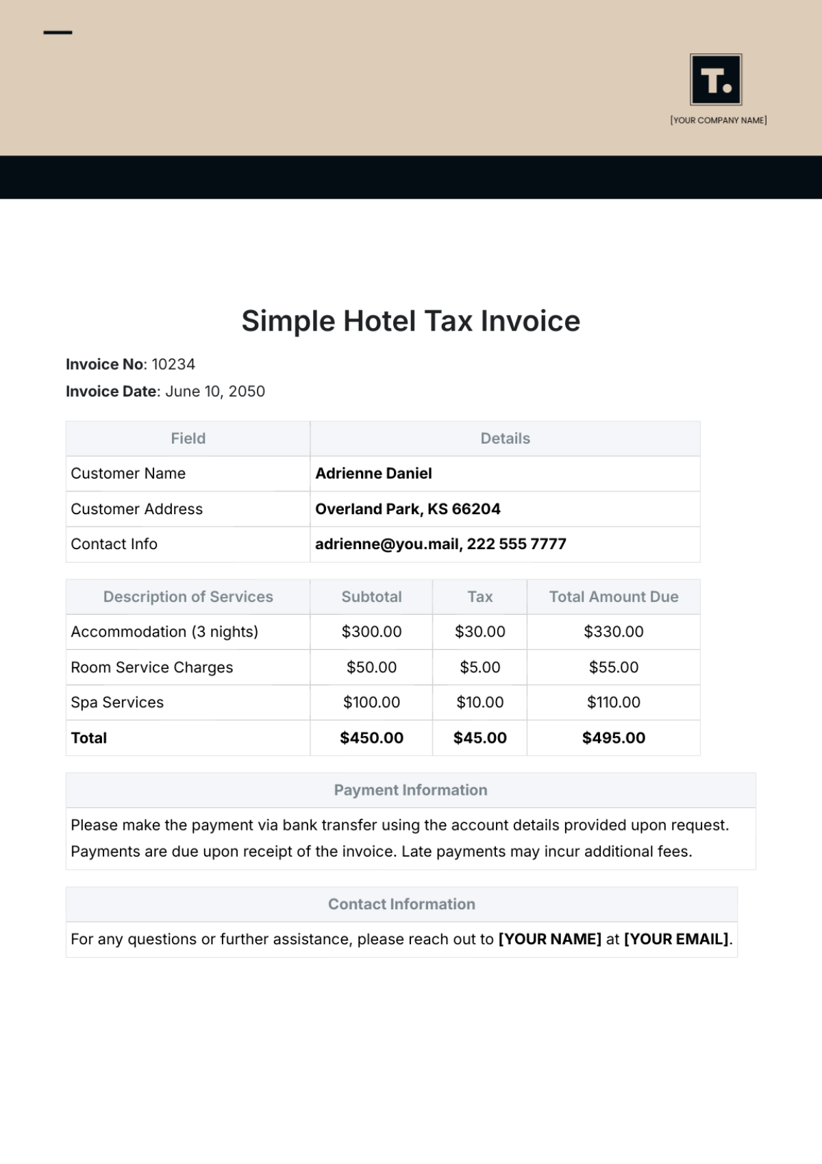 Simple Hotel Tax Invoice Template - Edit Online & Download