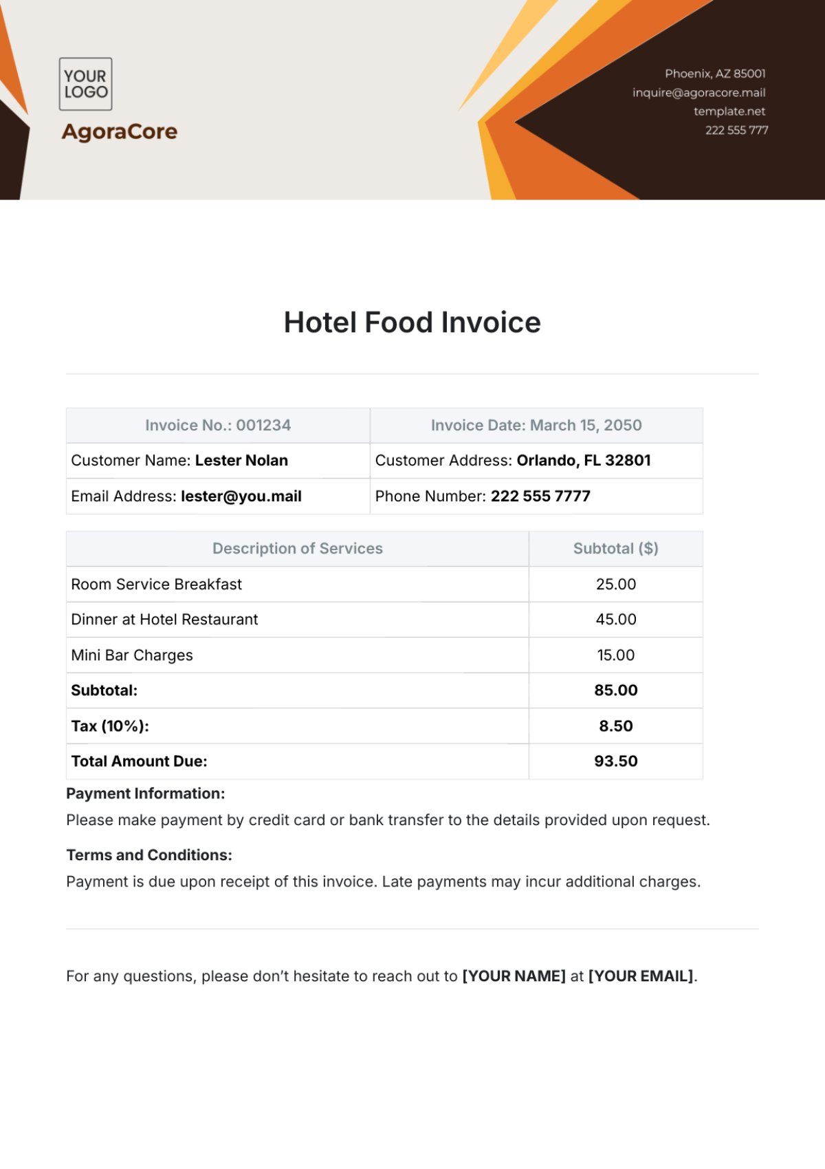 Hotel Food Invoice Template - Edit Online & Download