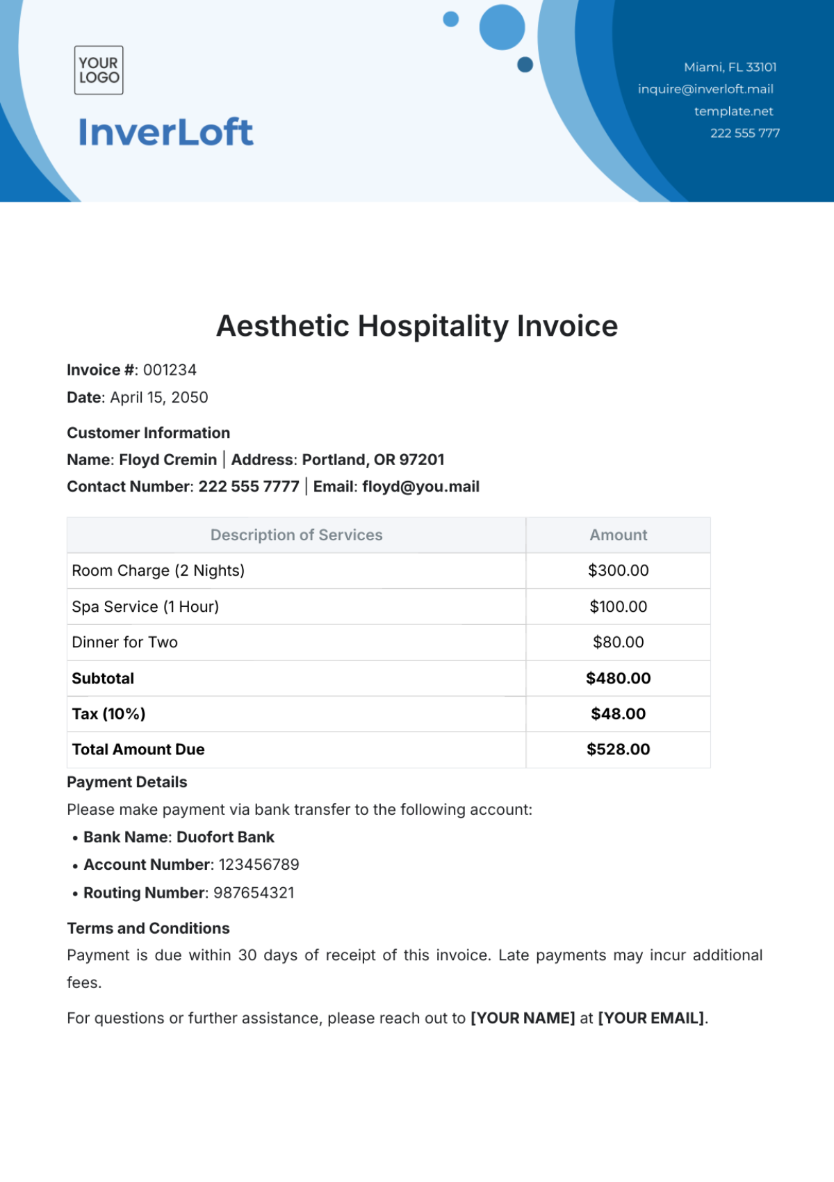 Aesthetic Hospitality Invoice Template - Edit Online & Download