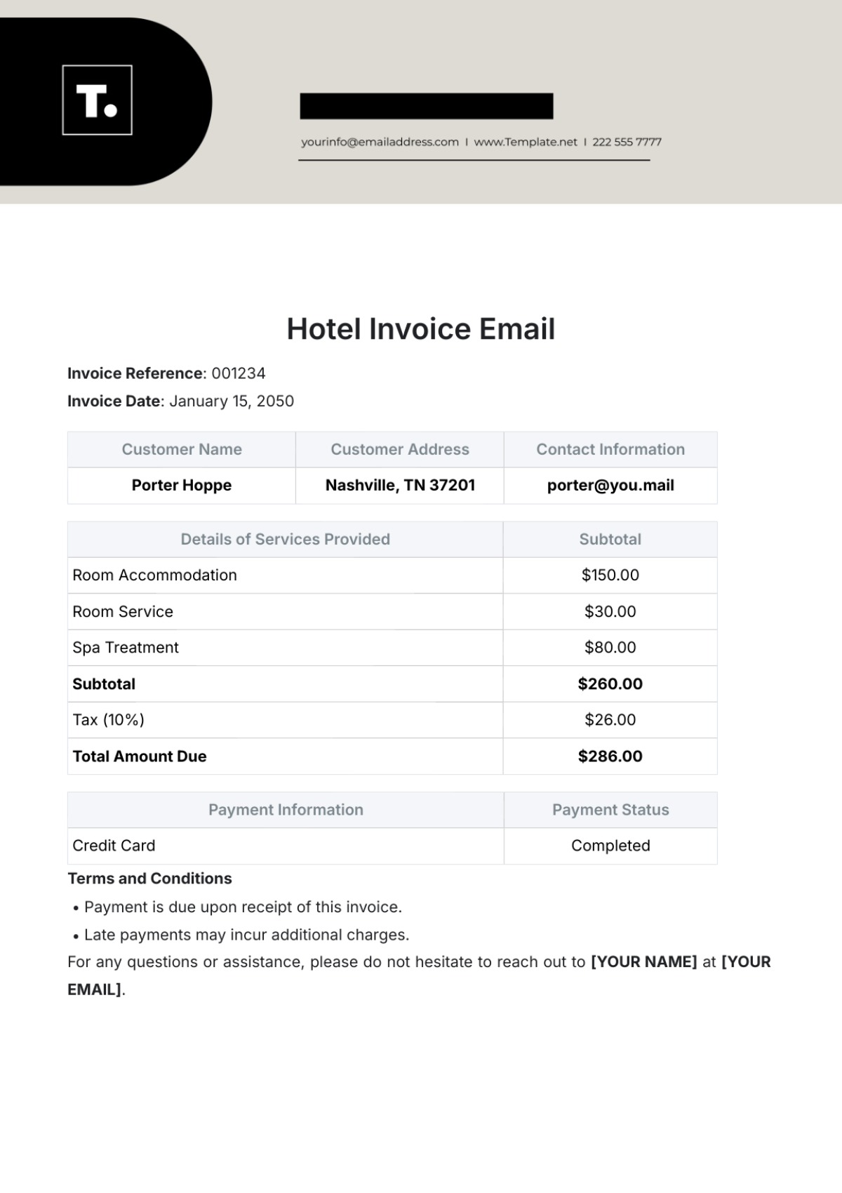 Hotel Invoice Email Template - Edit Online & Download