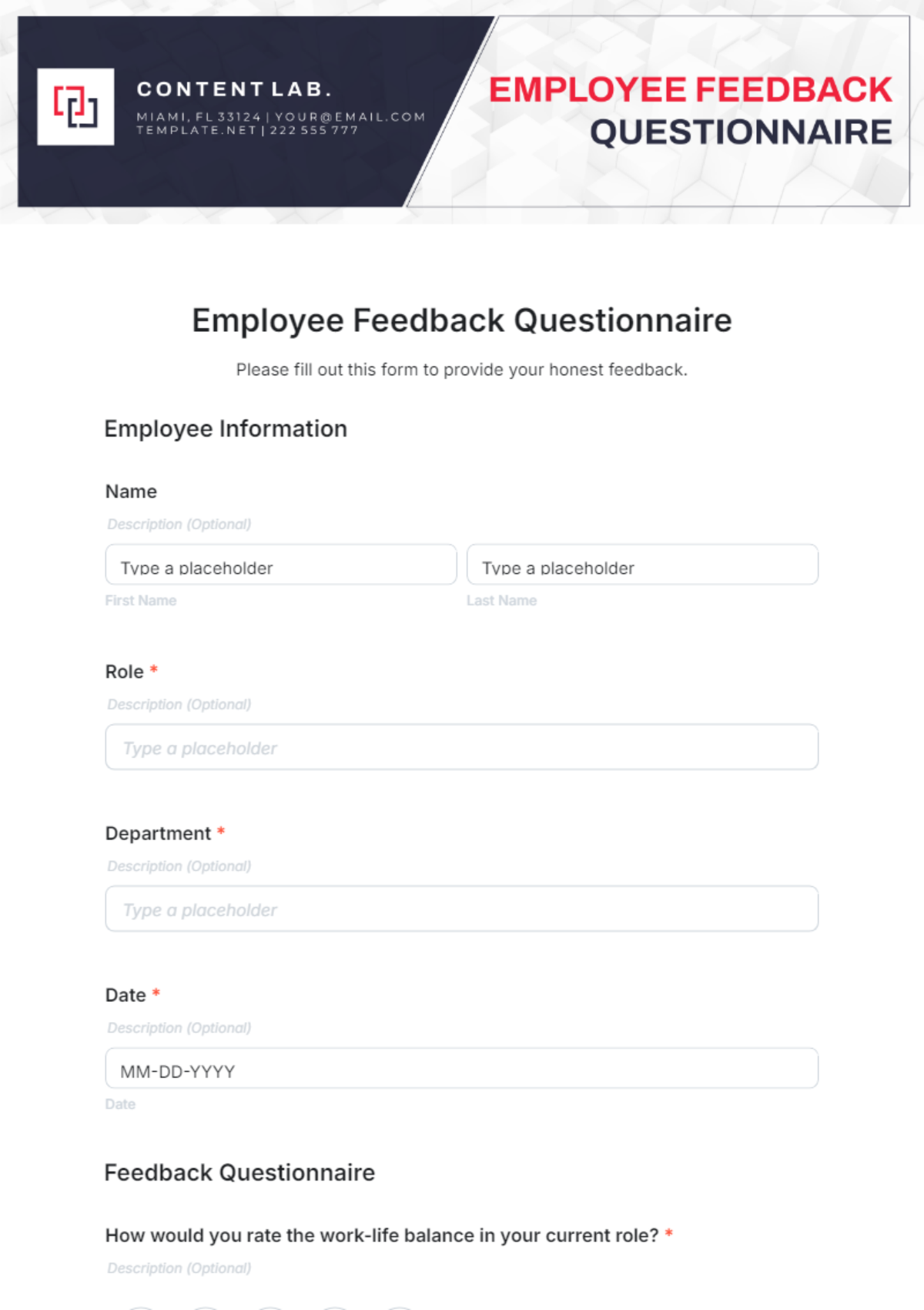 Employee Feedback Questionnaire Template