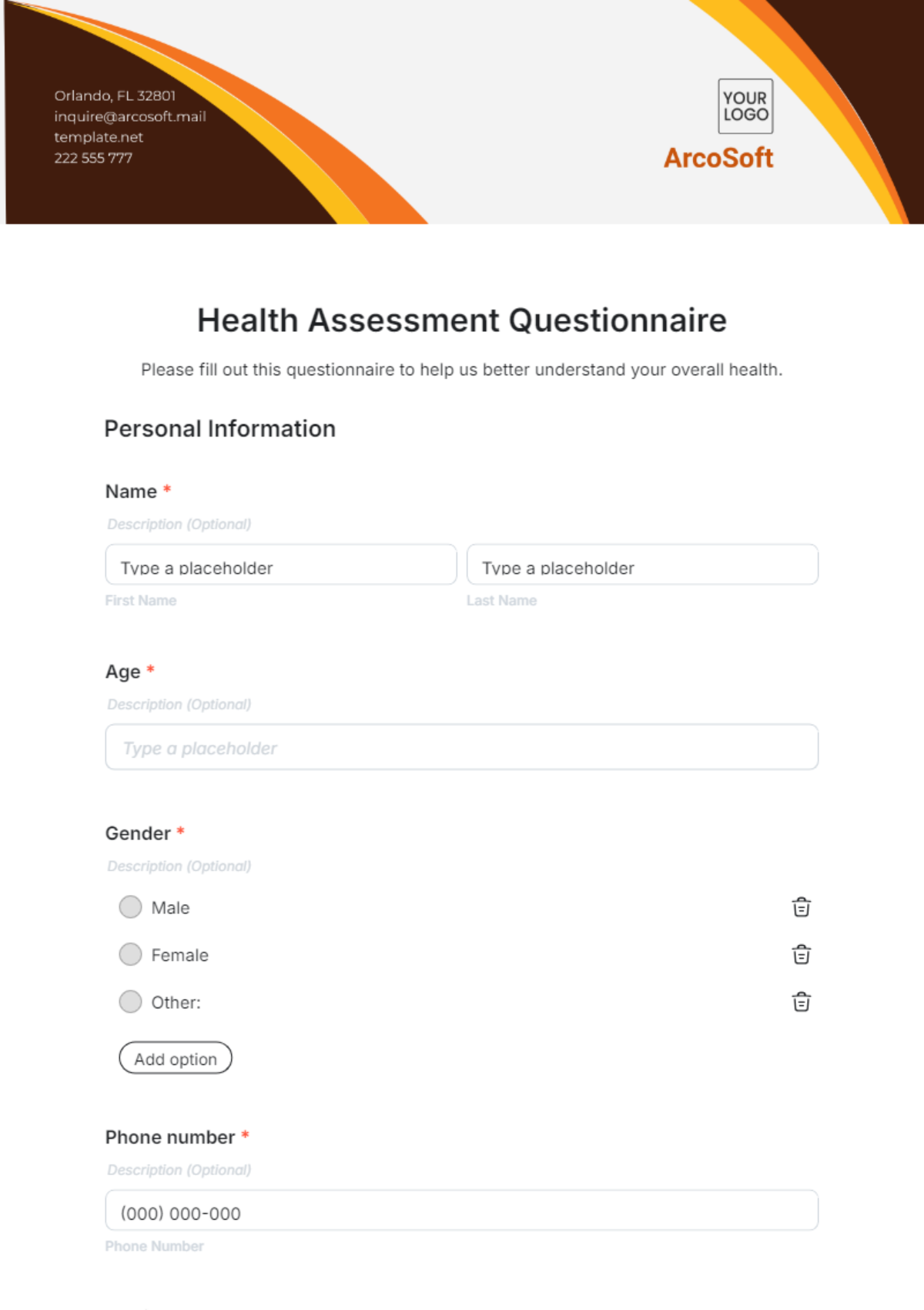 Health Assessment Questionnaire Template