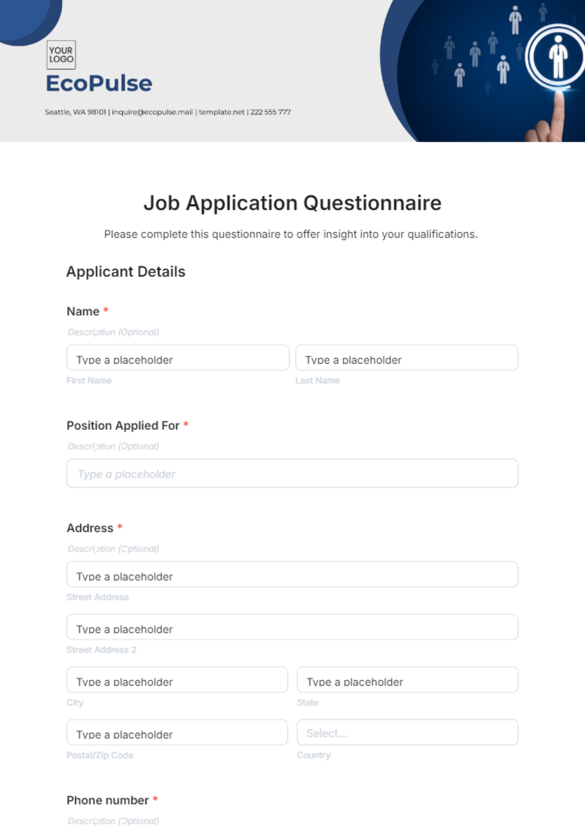 Job Application Questionnaire Template