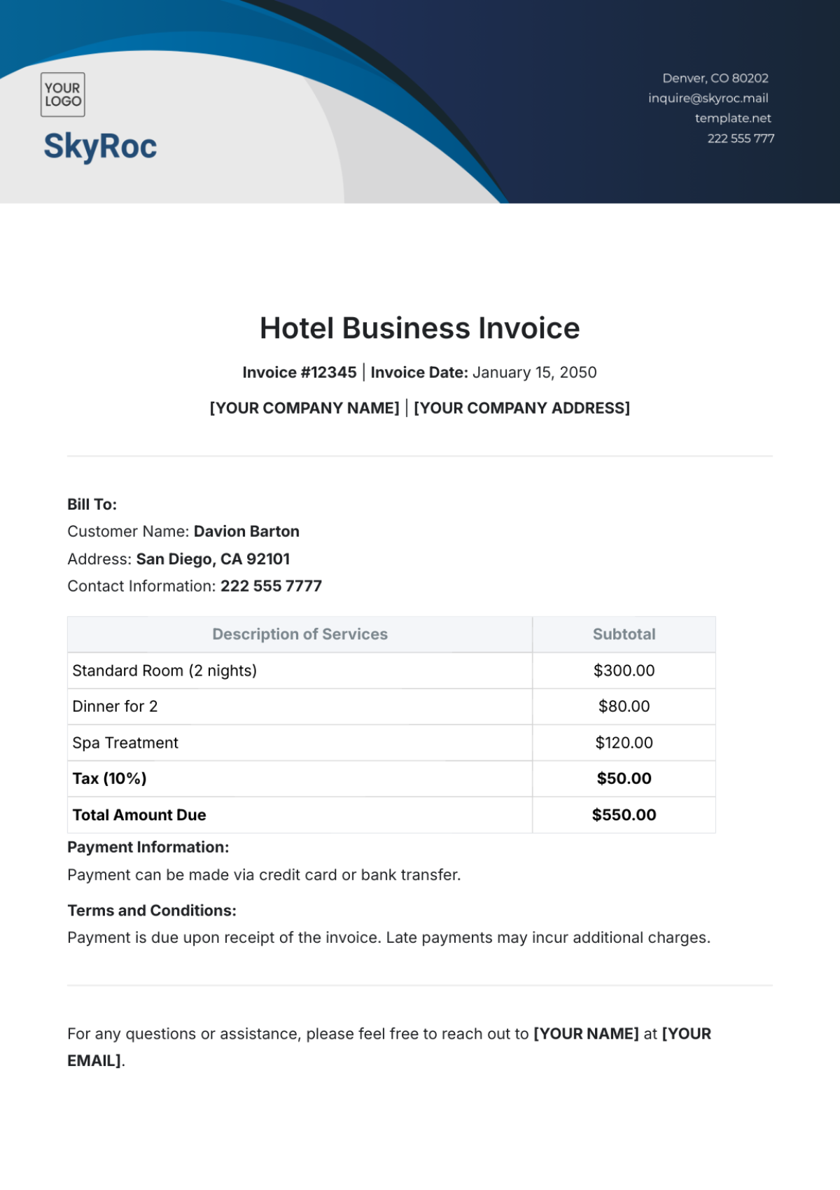 Hotel Business Invoice Template - Edit Online & Download