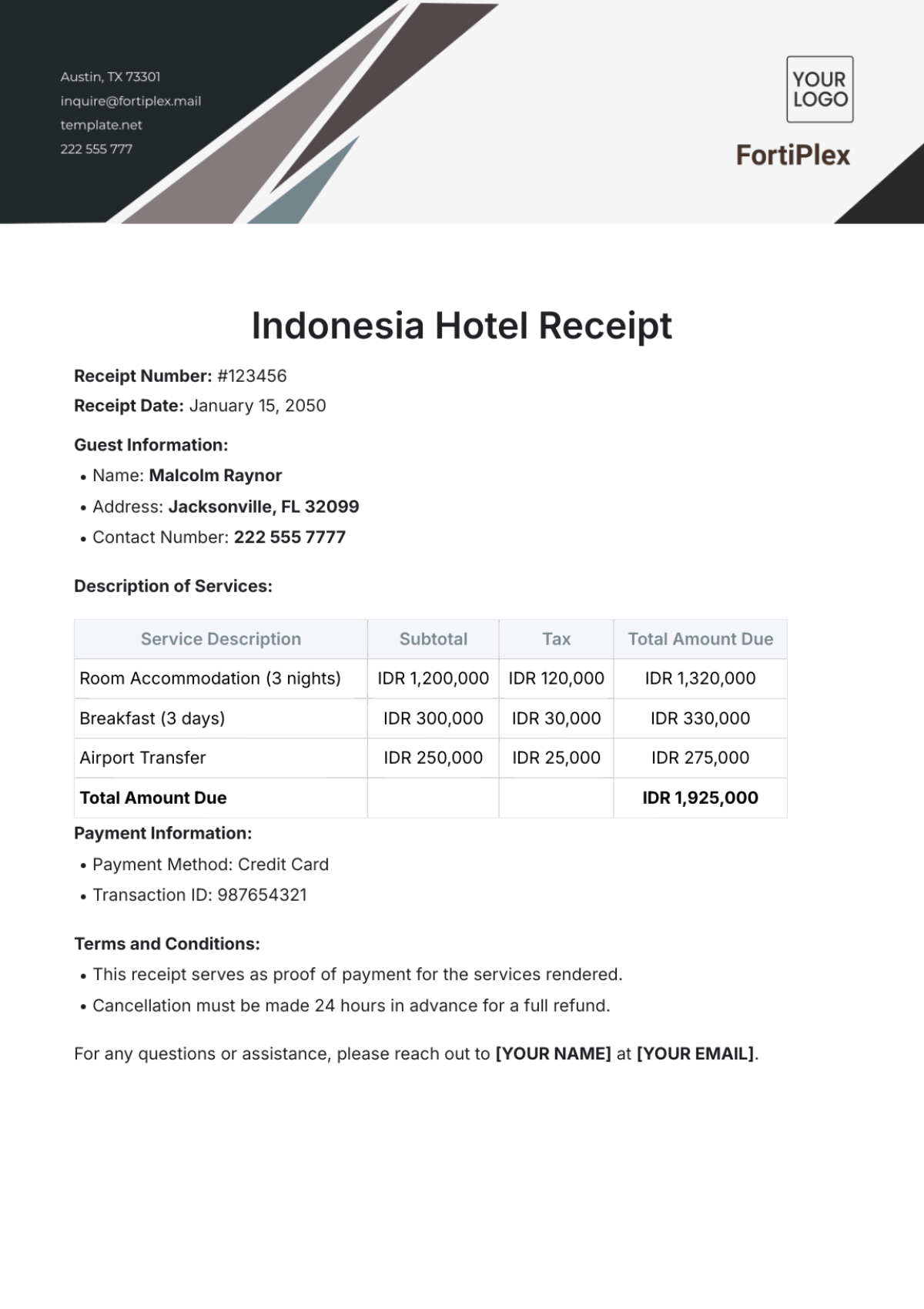 Indonesia Hotel Receipt Template - Edit Online & Download