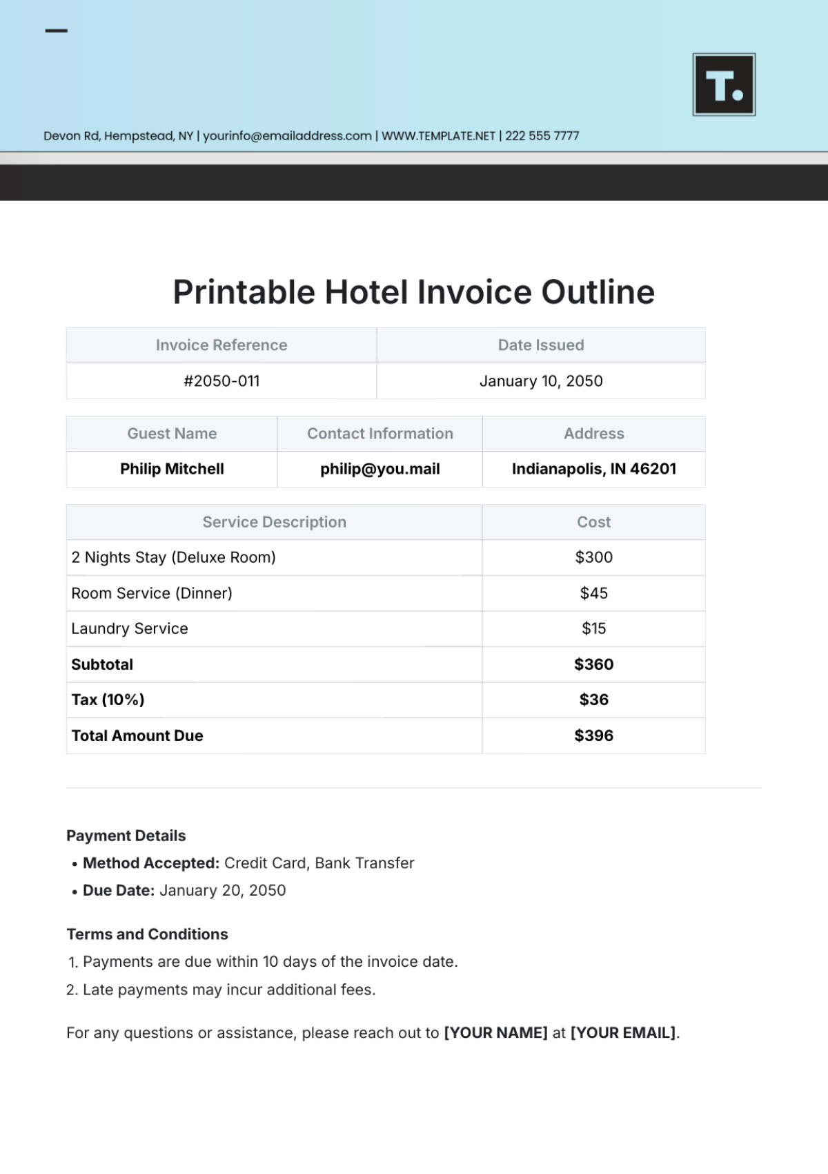 Printable Hotel Invoice Outline Template - Edit Online & Download