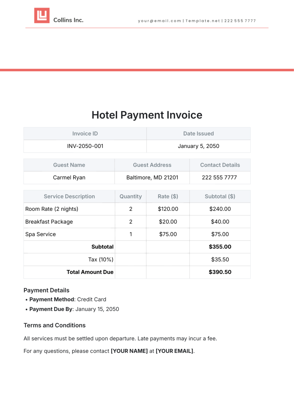 Hotel Payment Invoice Template - Edit Online & Download