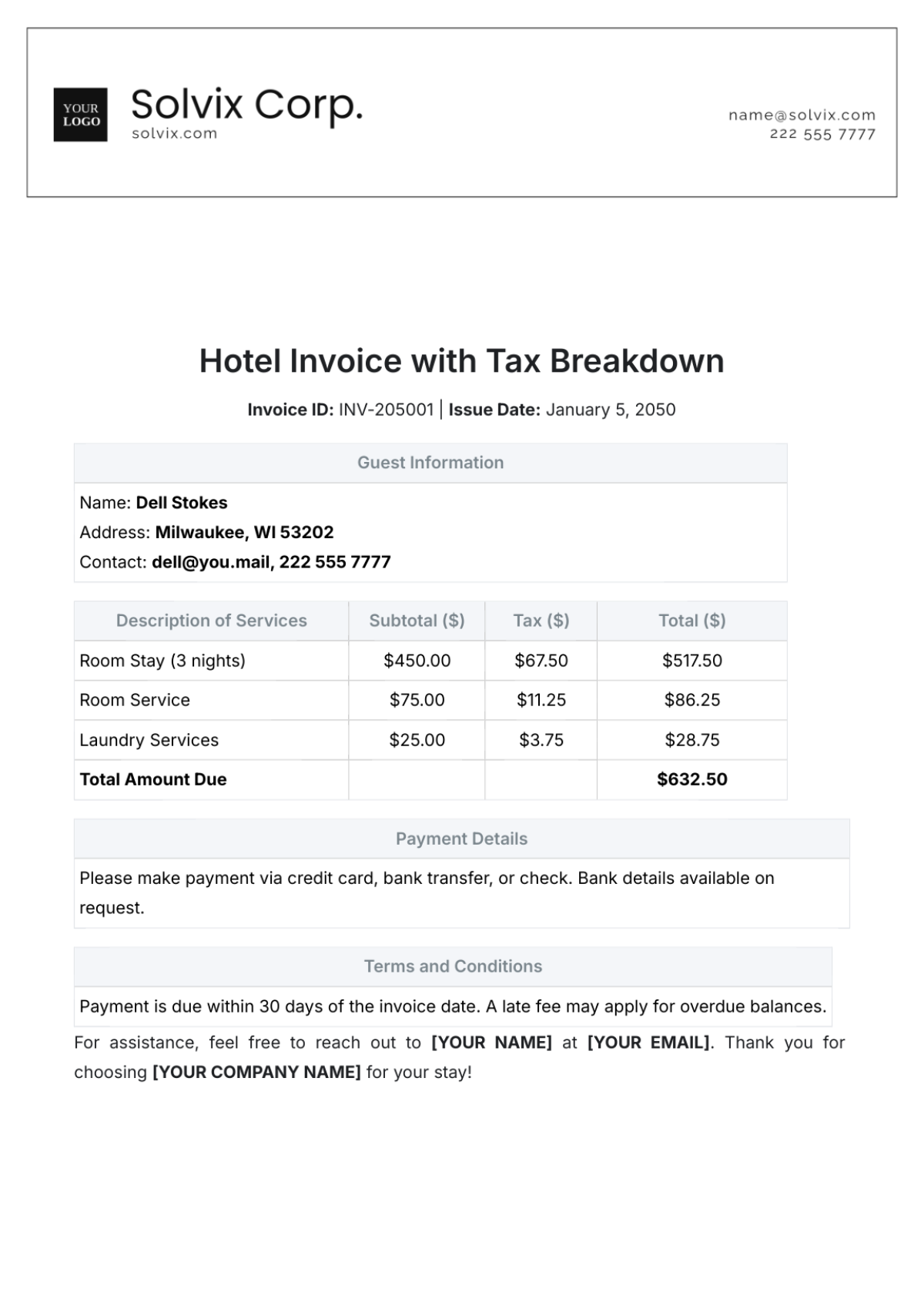 Hotel Invoice with Tax Breakdown Template - Edit Online & Download