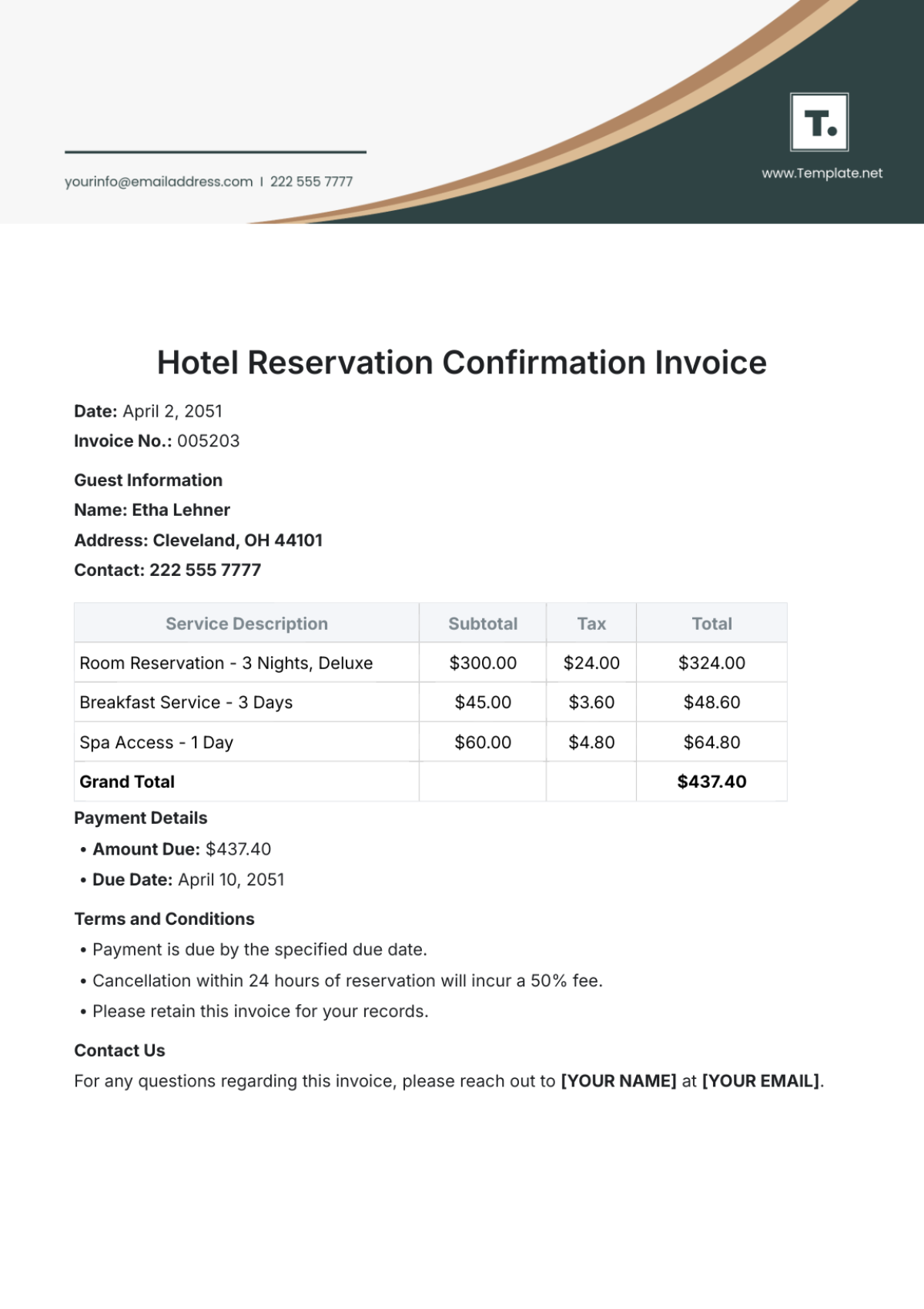 Hotel Reservation Confirmation Invoice Template - Edit Online & Download