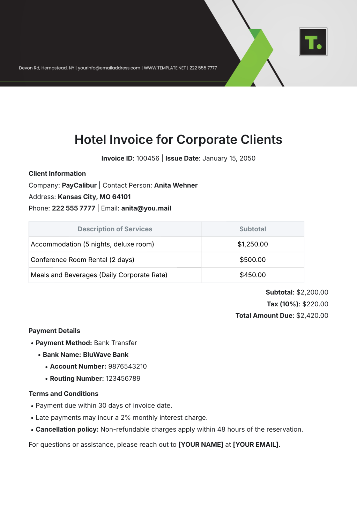 Hotel Invoice for Corporate Clients Template - Edit Online & Download