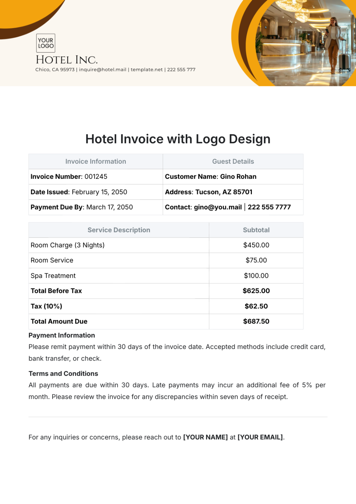 Hotel Invoice Template with Logo Design - Edit Online & Download