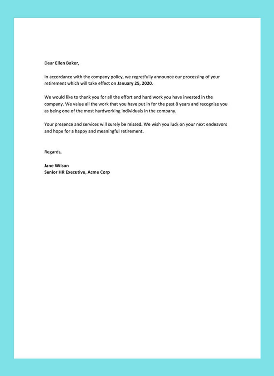 Retirement Letter to Employee Template