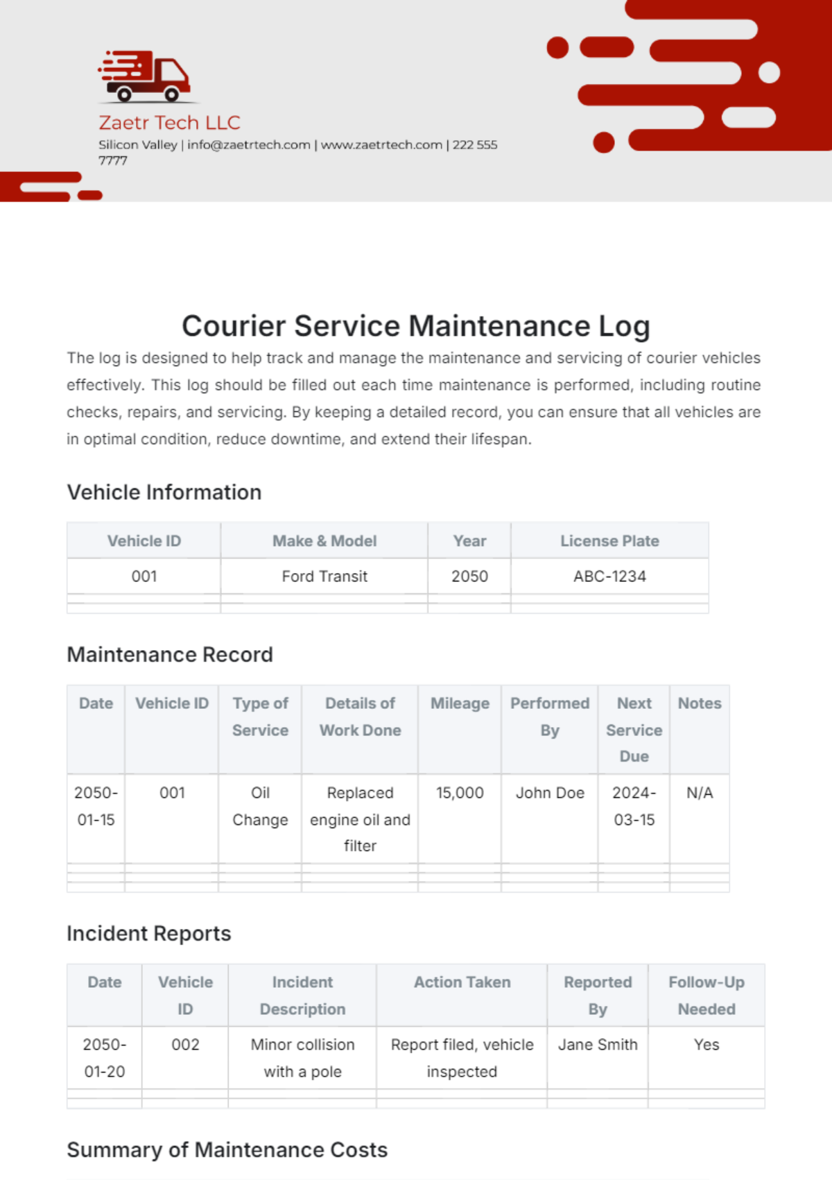 Courier Service Maintenance Log Template - Edit Online & Download