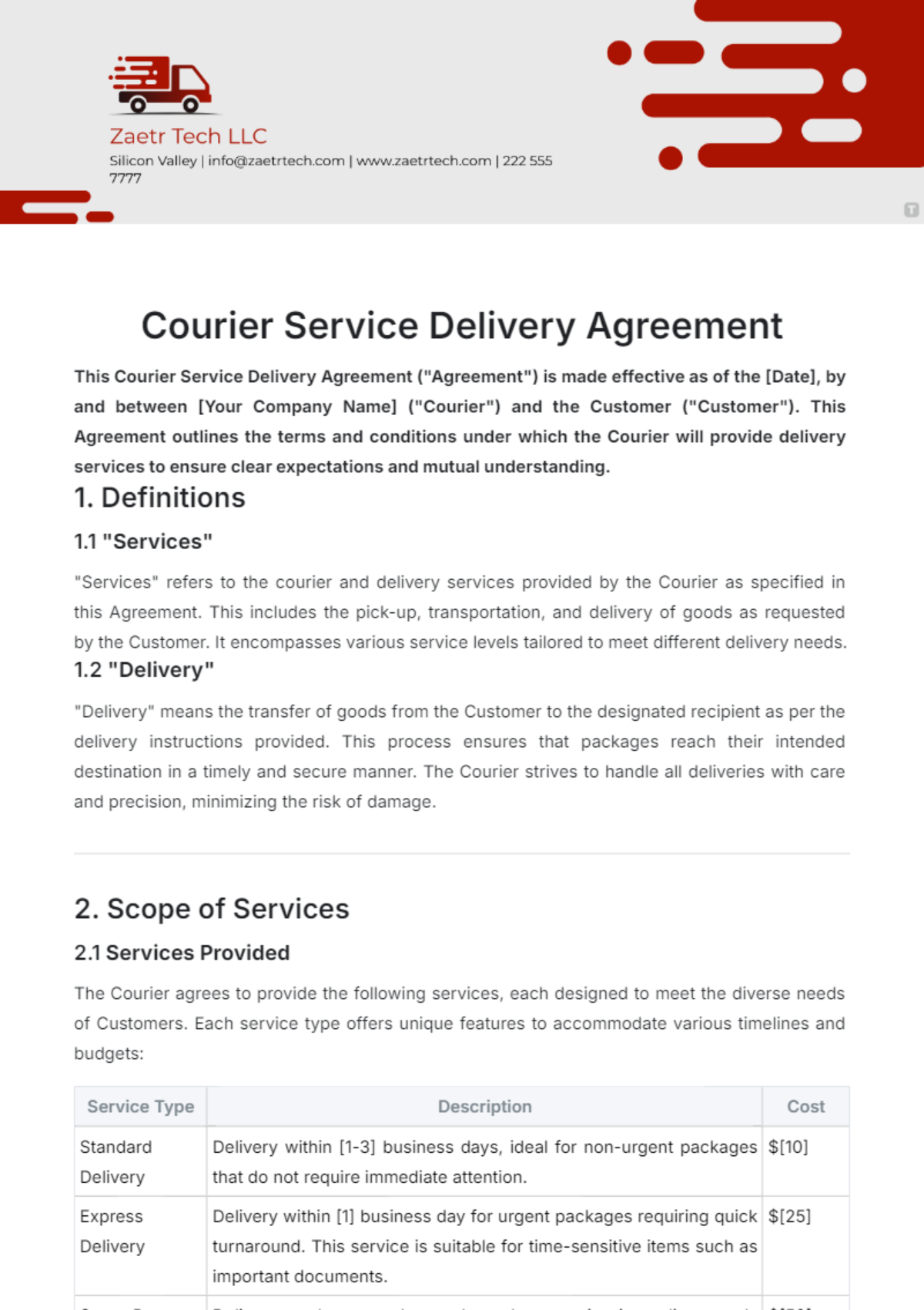 Courier Service Delivery Agreement Template - Edit Online & Download