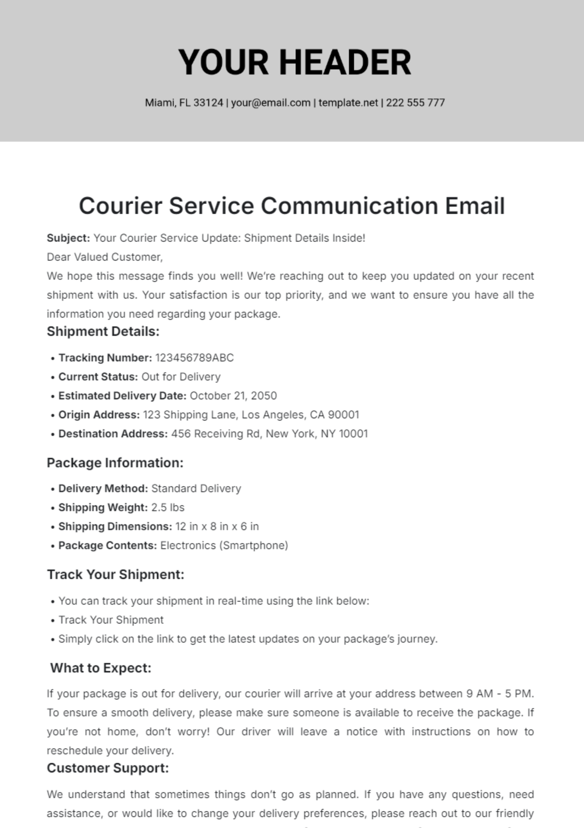 Courier Service Communication Email Template - Edit Online & Download