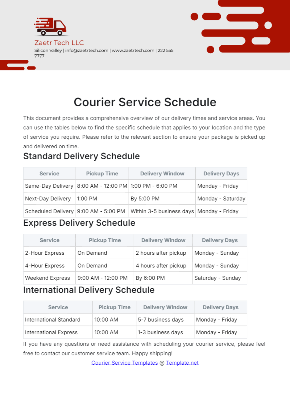 Courier Service Schedule Template - Edit Online & Download