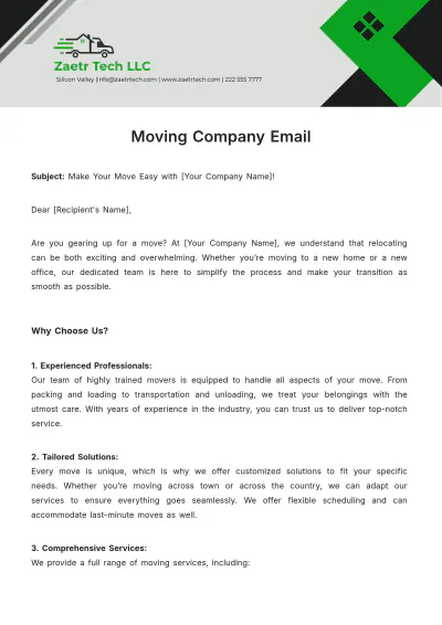 Free Moving Company Email Template to Edit Online