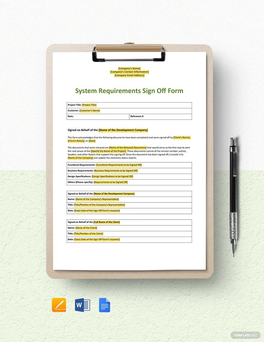 System Requirements Sign-Off Form Template