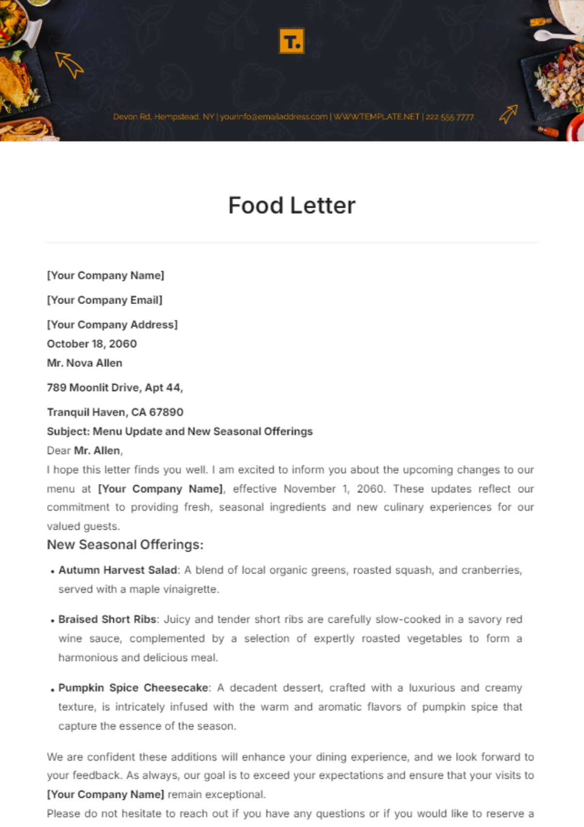 Food Letter Template - Edit Online & Download