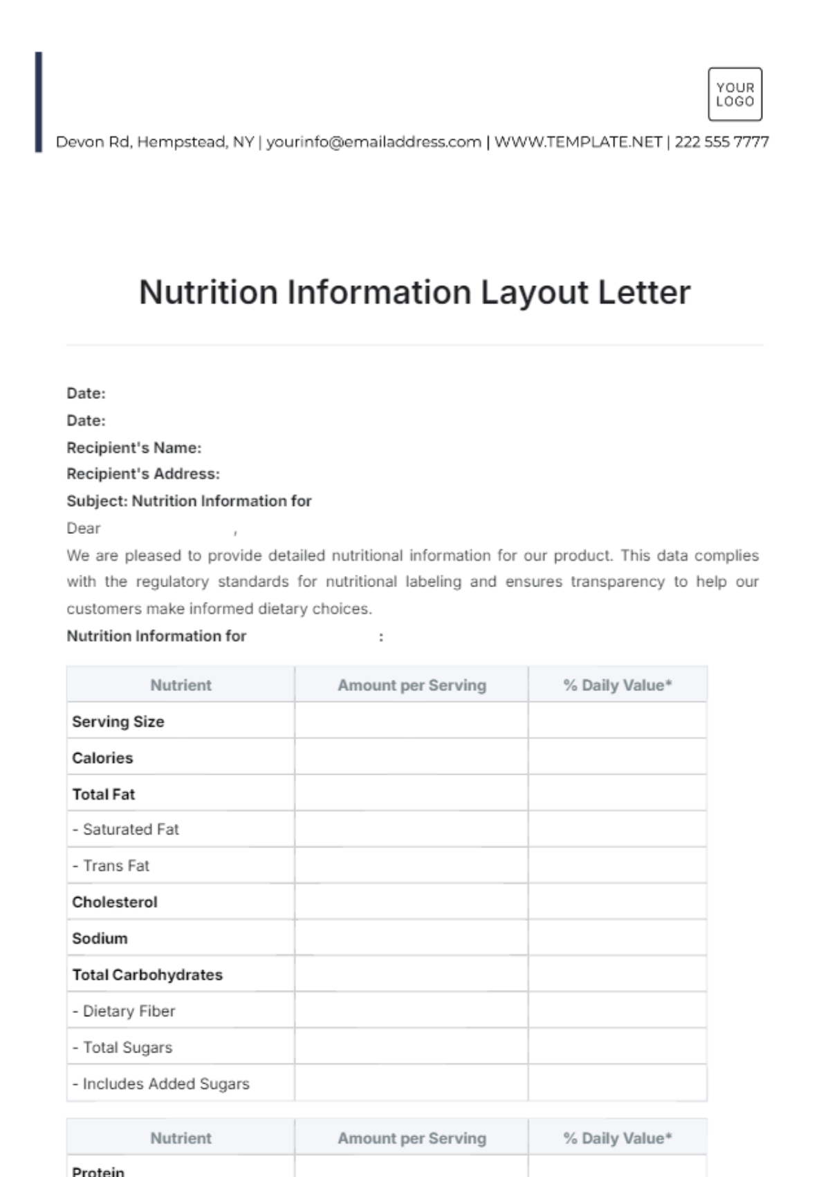 Nutrition Information Layout Letter Template - Edit Online & Download