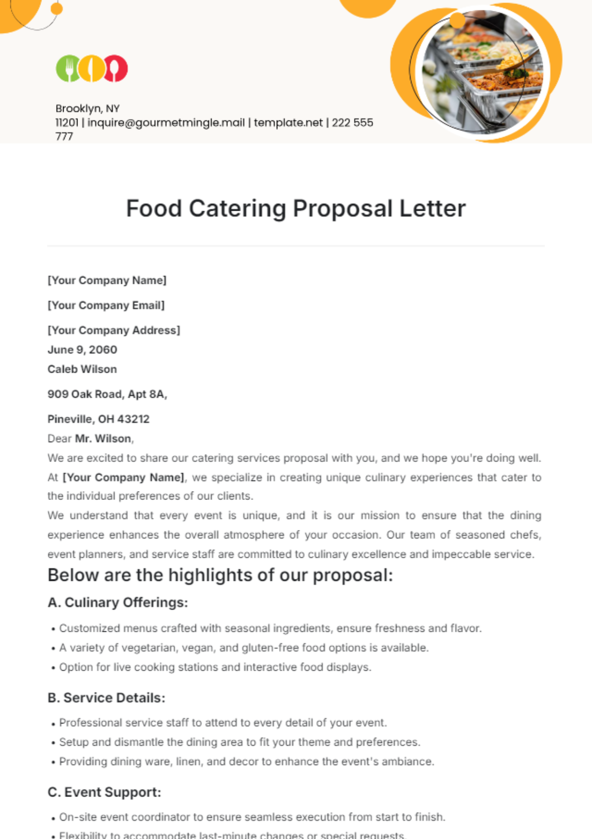 Food Catering Proposal Letter Template - Edit Online & Download