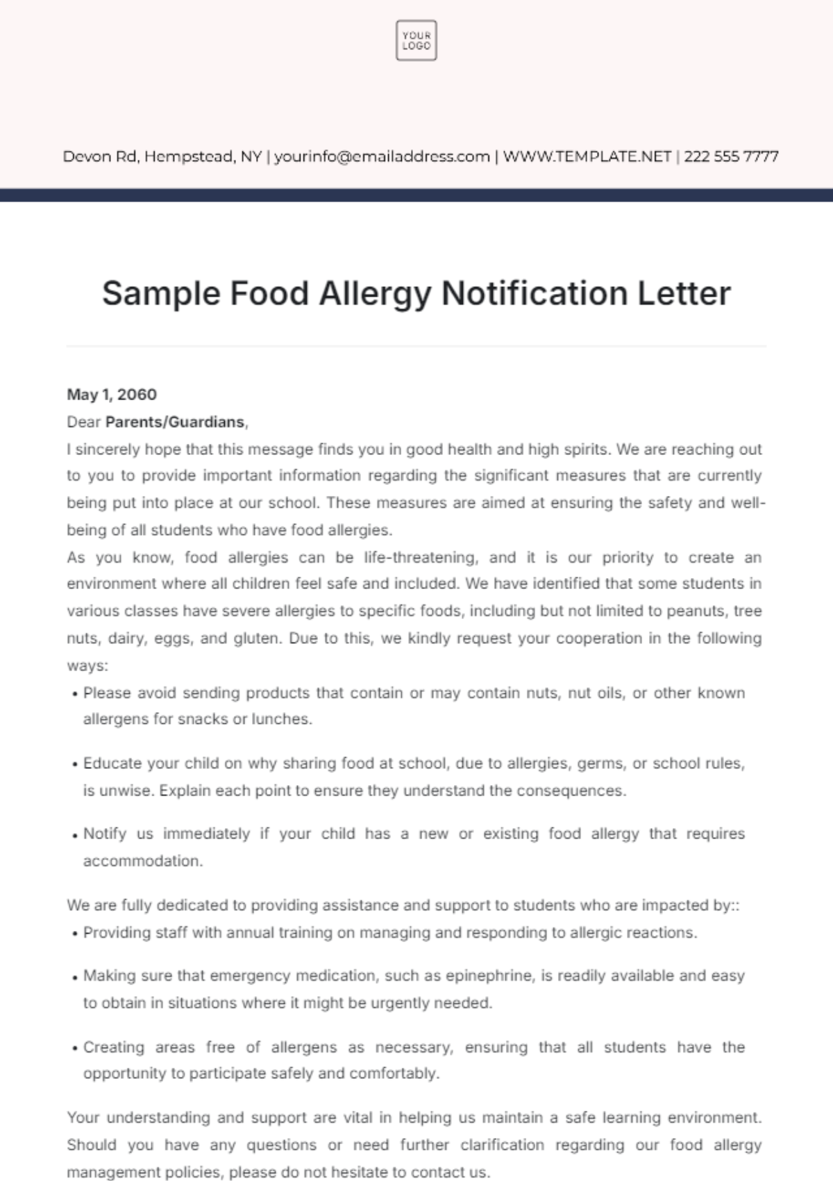 Sample Food Allergy Notification Letter Template - Edit Online & Download