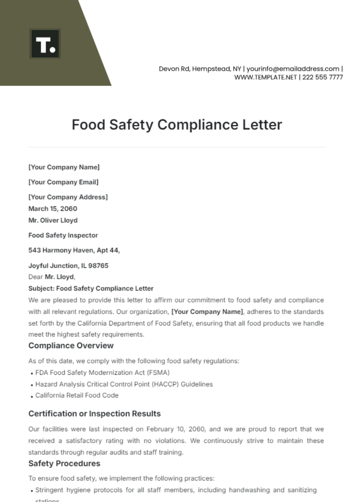 Food Safety Compliance Letter Template - Edit Online & Download