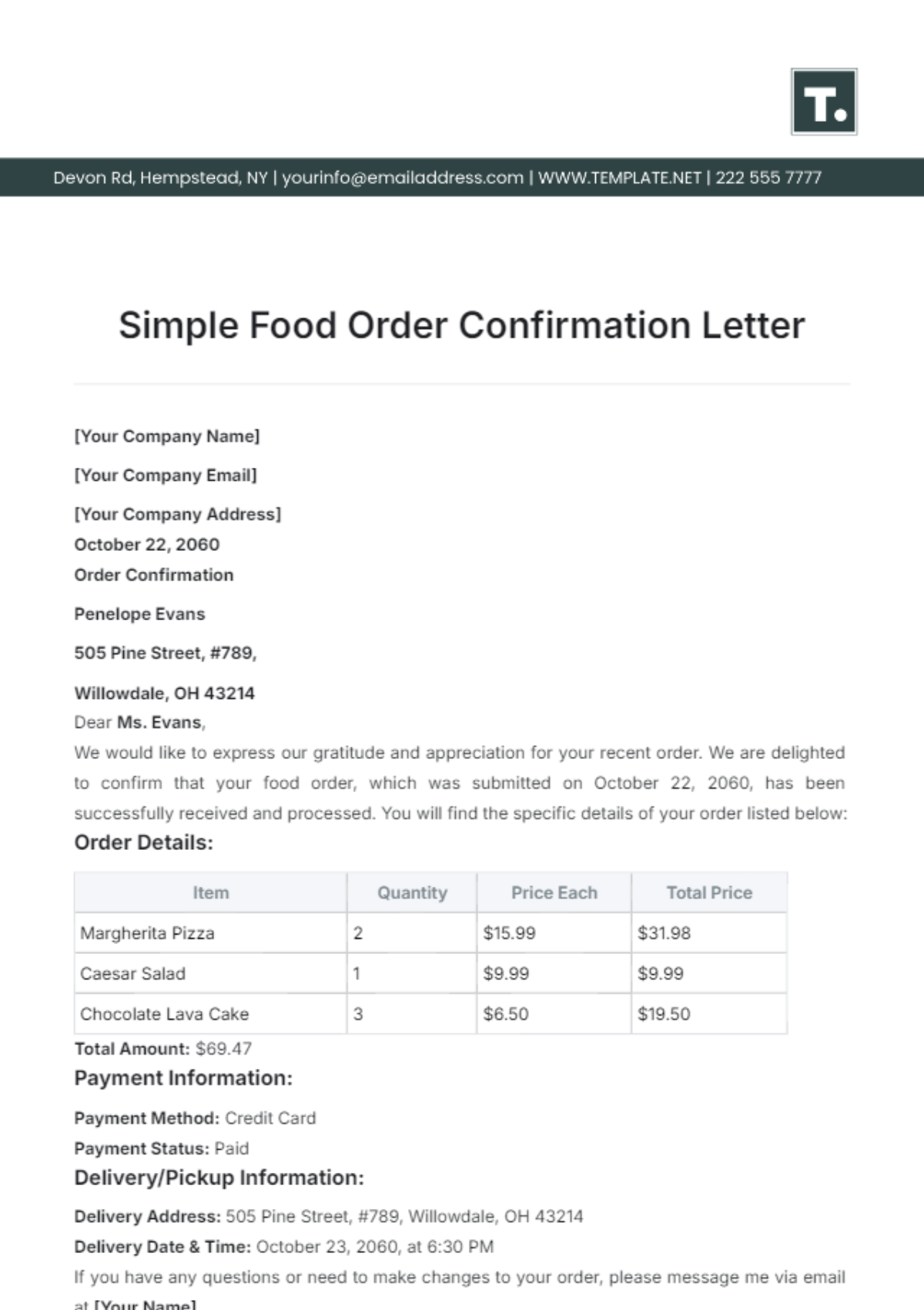 Simple Food Order Confirmation Letter Template - Edit Online & Download