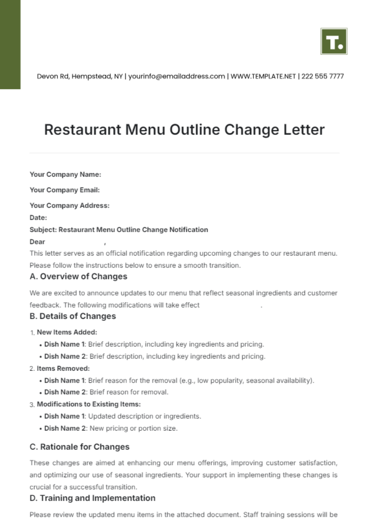 Restaurant Menu Outline Change Letter Template - Edit Online & Download