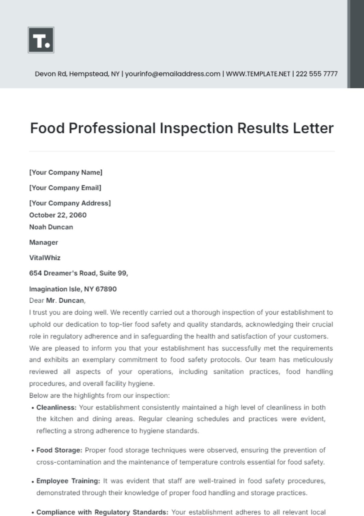 Food Professional Inspection Results Letter Template - Edit Online & Download