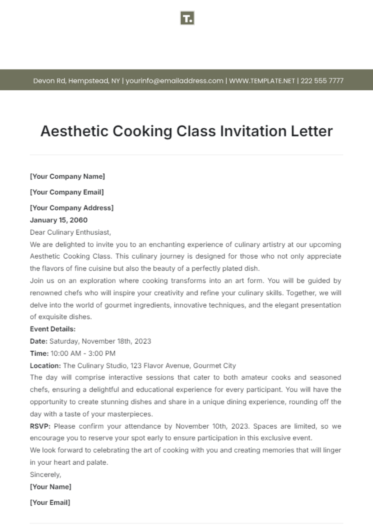 Aesthetic Cooking Class Invitation Letter Template - Edit Online & Download