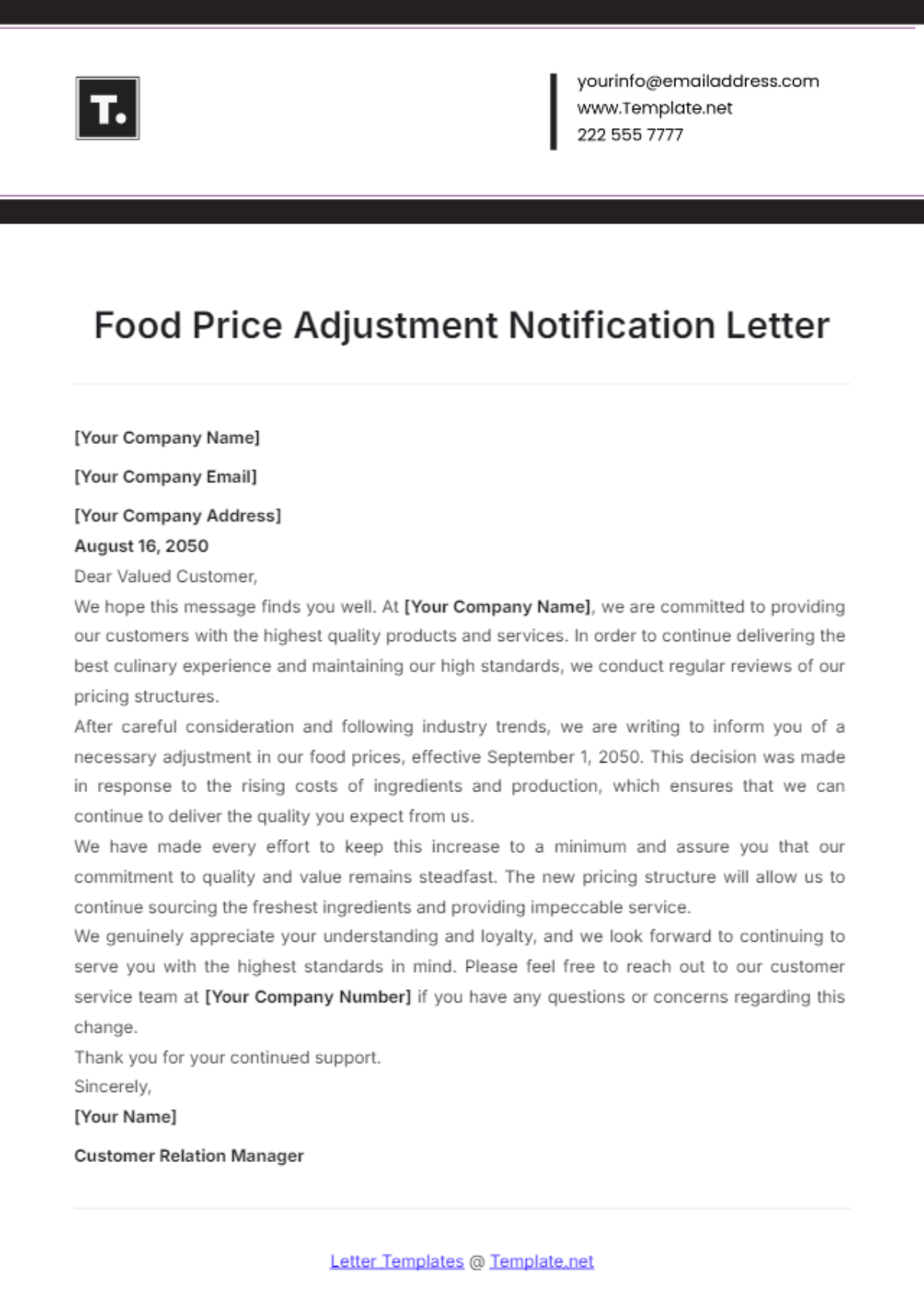 Food Price Adjustment Notification Letter Template - Edit Online & Download