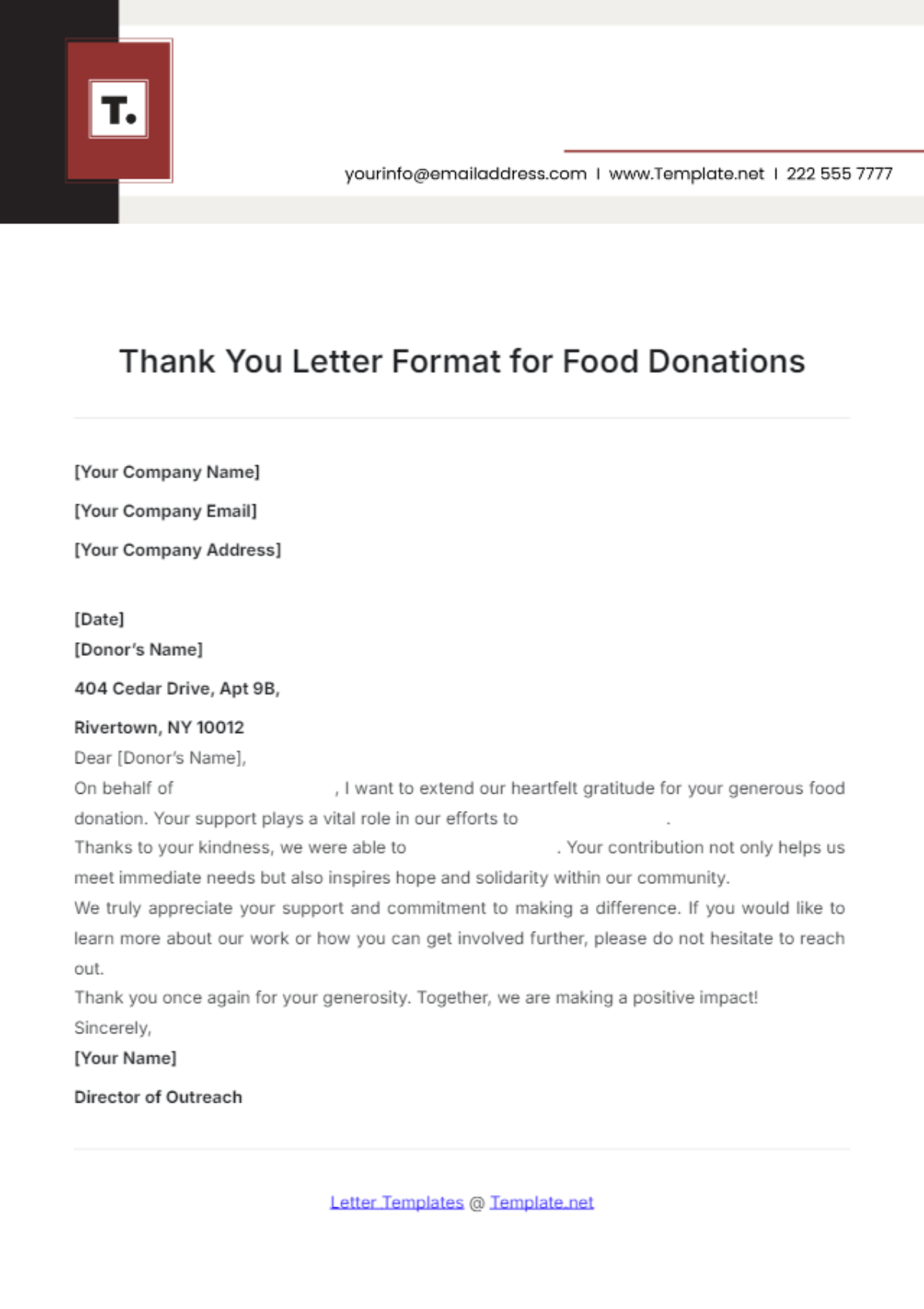 Thank You Letter Format for Food Donations Template - Edit Online & Download