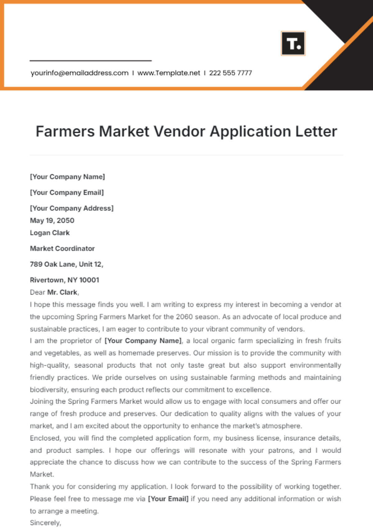 Farmers Market Vendor Application Letter Template - Edit Online & Download