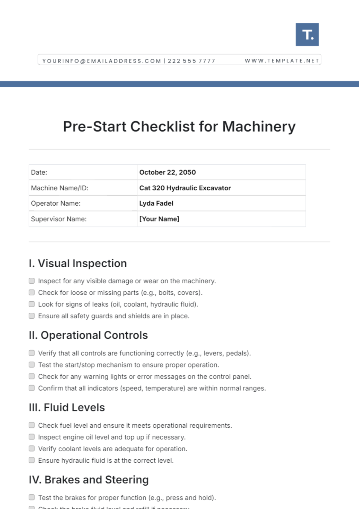 Pre-Start Checklist for Machinery Template