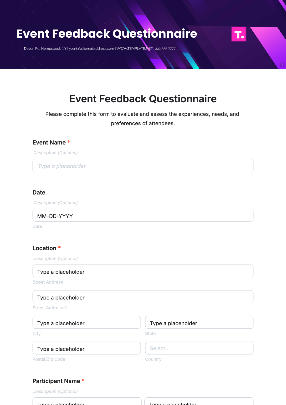 Event Feedback Questionnaire Template - Edit Online & Download