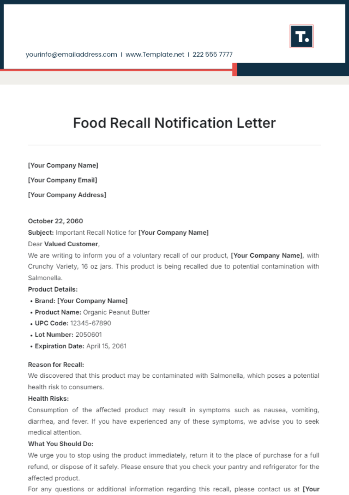 Food Recall Notification Letter Template - Edit Online & Download